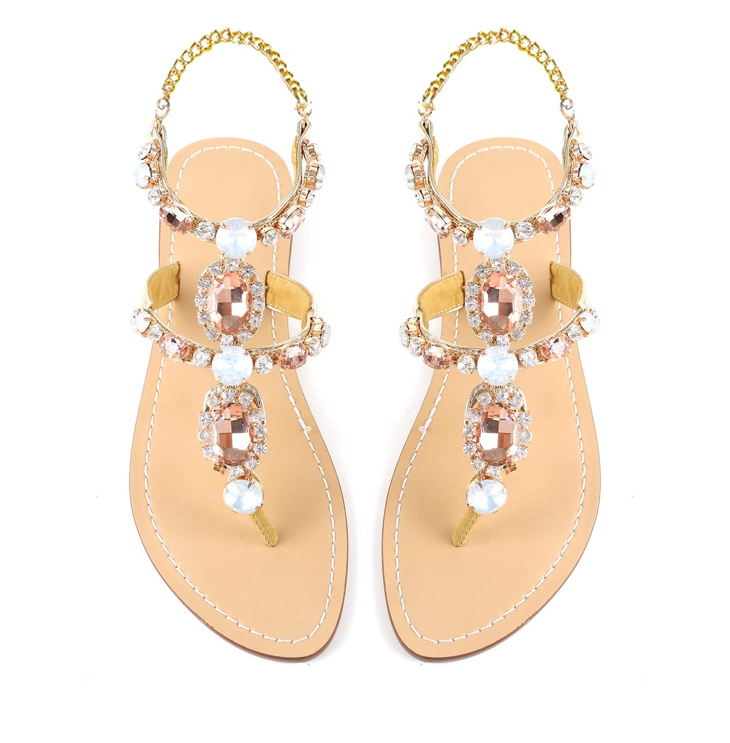 ZhuLinFeng Women'S Rhinestone Gladiator Sandals Flat Wedding Sandals Gem Pearl Sparkling Bridal Bridesmaid Sandals Blue Bohemian Sandals