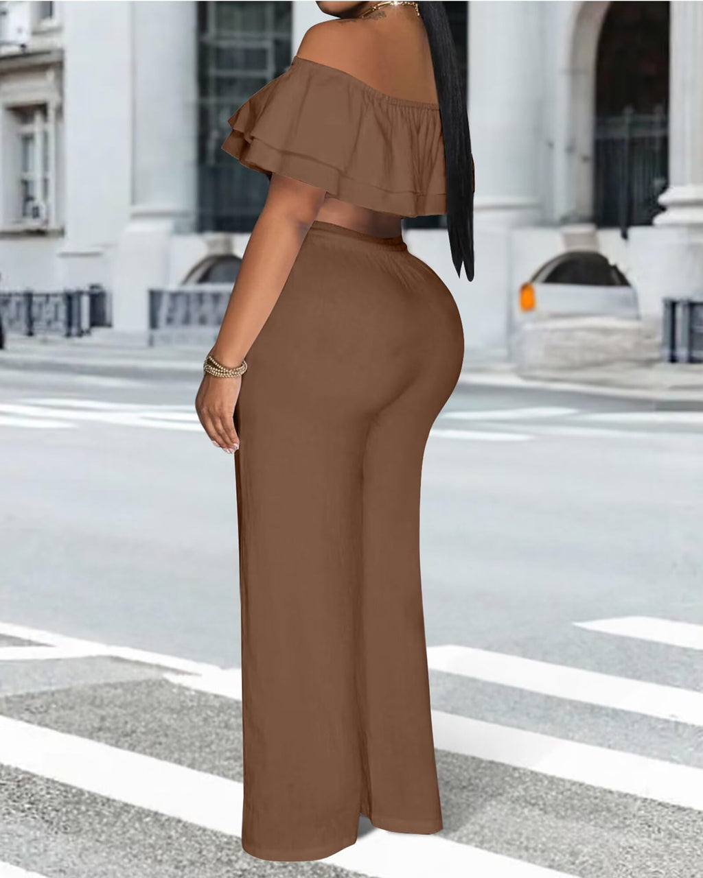 Adogirl 2 Piece Outfits for Women Ruffle Trim Crop Top Wide Leg Pants Set | 2 Piece Sets, Outfit for Women, Off Shoulder, Short Sleeve, Wide Leg Pants with Pockets, Sexy Outfits, Vacation Outfits
