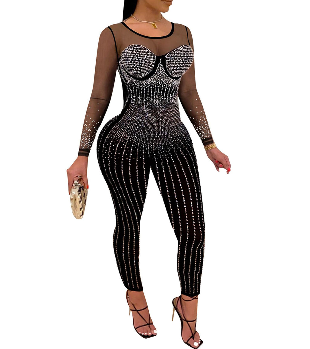 Nagfar Women Sexy Elegant Rhinestone Mesh See Through Bodycon Jumpsuits