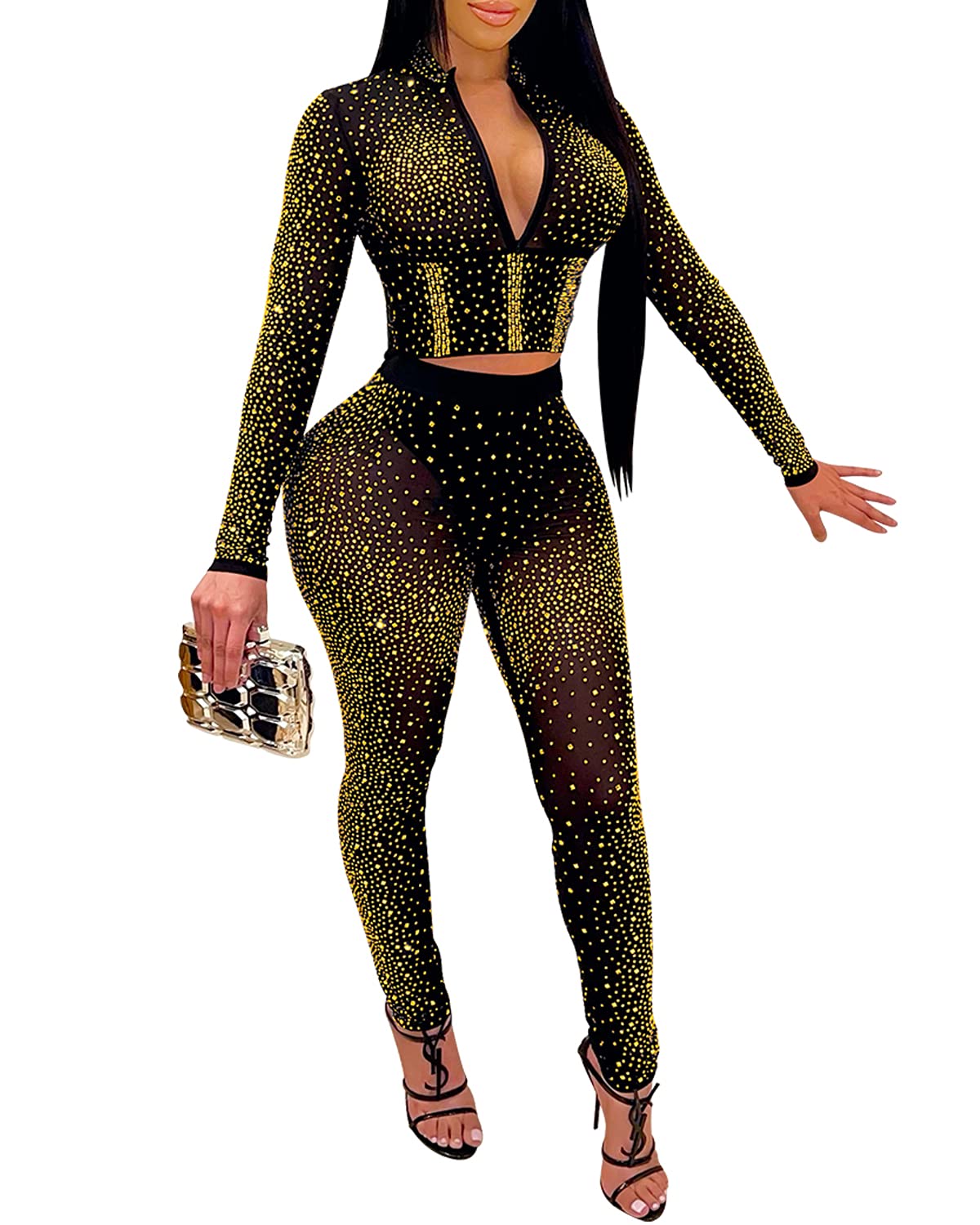 PORRCEY Sexy Rhinestone Jumpsuit for Women Mesh See Through Romper Clubwear