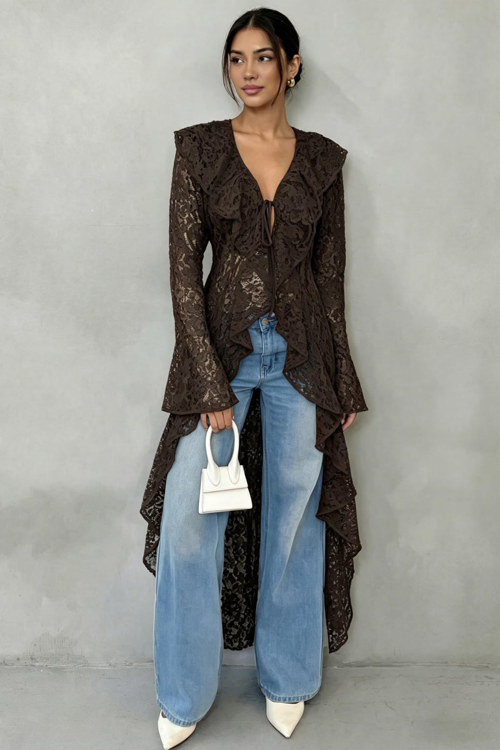 Lace Cardigan for Women Maxi Summer Lightweight Open Front Tie Bell Long Sleeve Ruffled Tops Duster Swimsuit Cover Up