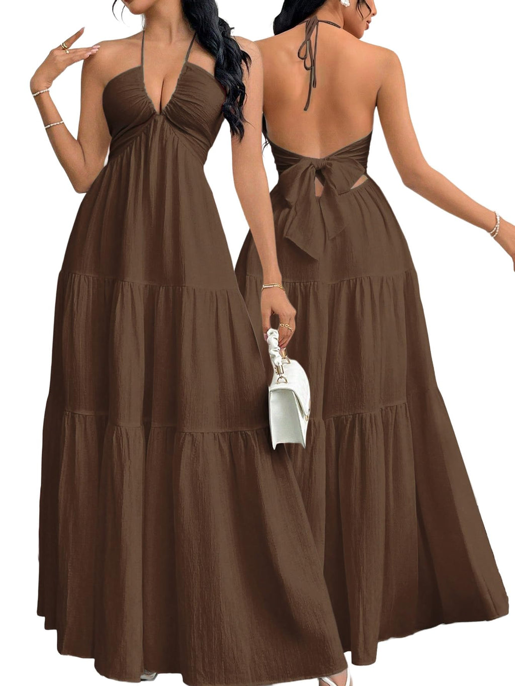 Narecte Women's Maxi Summer Dresses Halter V Neck Beach Dresses for Women A-Line Casual Dress for Vacation