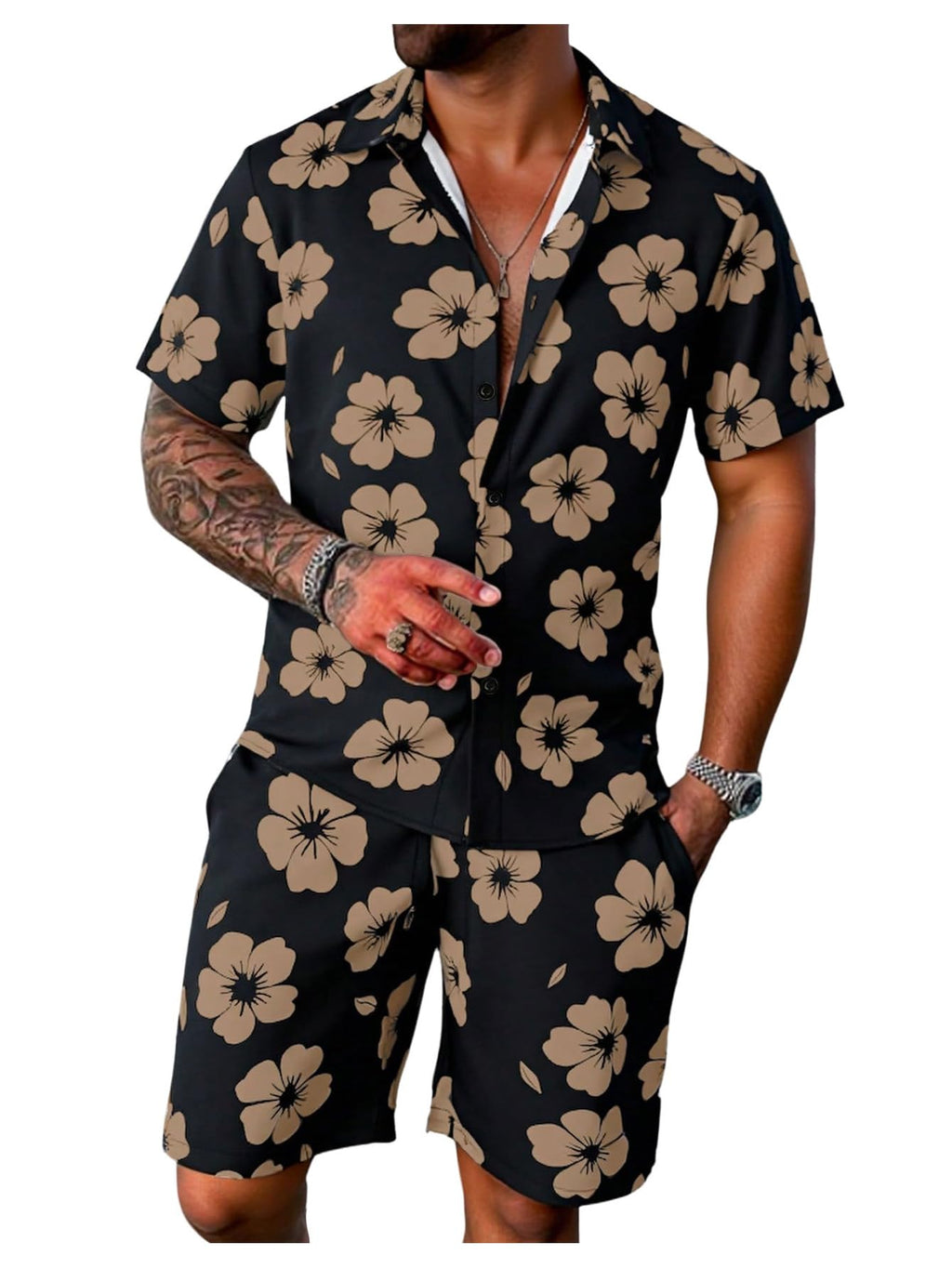 GORGLITTER Men's Cruise Rave Vacation Matching Outfits 2 Piece Short Sets | Mens Summer Beach Outfits, 2 Piece Shorts Set, Couples Travel Outfits, Hawaiian Shirts