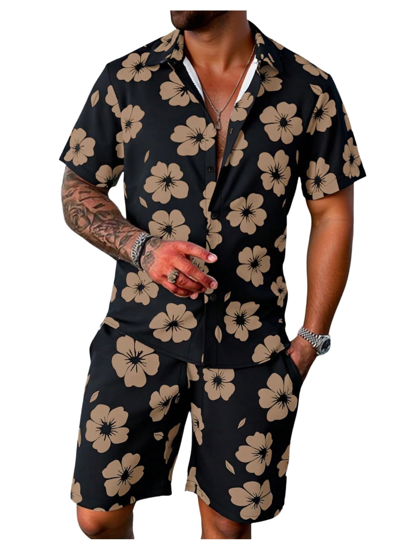 GORGLITTER Men's Cruise Rave Vacation Matching Outfits 2 Piece Short Sets | Mens Summer Beach Outfits, 2 Piece Shorts Set, Couples Travel Outfits, Hawaiian Shirts
