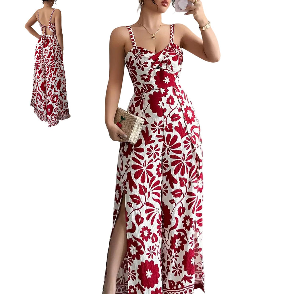 Women's Floral Wide Leg Jumpsuit Sleeveless Backless Side Slit Romper | Women's Floral Wide Leg Jumpsuit, Sleeveless Backless Slub-Textured Romper with Side Slits for Summer Beach Vacation