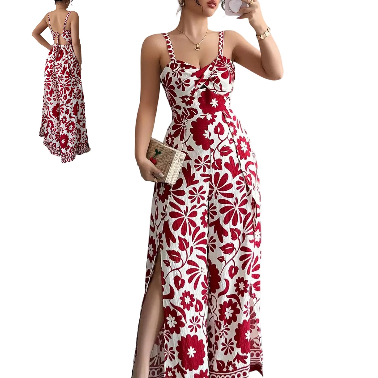 Women's Floral Wide Leg Jumpsuit Sleeveless Backless Side Slit Romper | Women's Floral Wide Leg Jumpsuit, Sleeveless Backless Slub-Textured Romper with Side Slits for Summer Beach Vacation