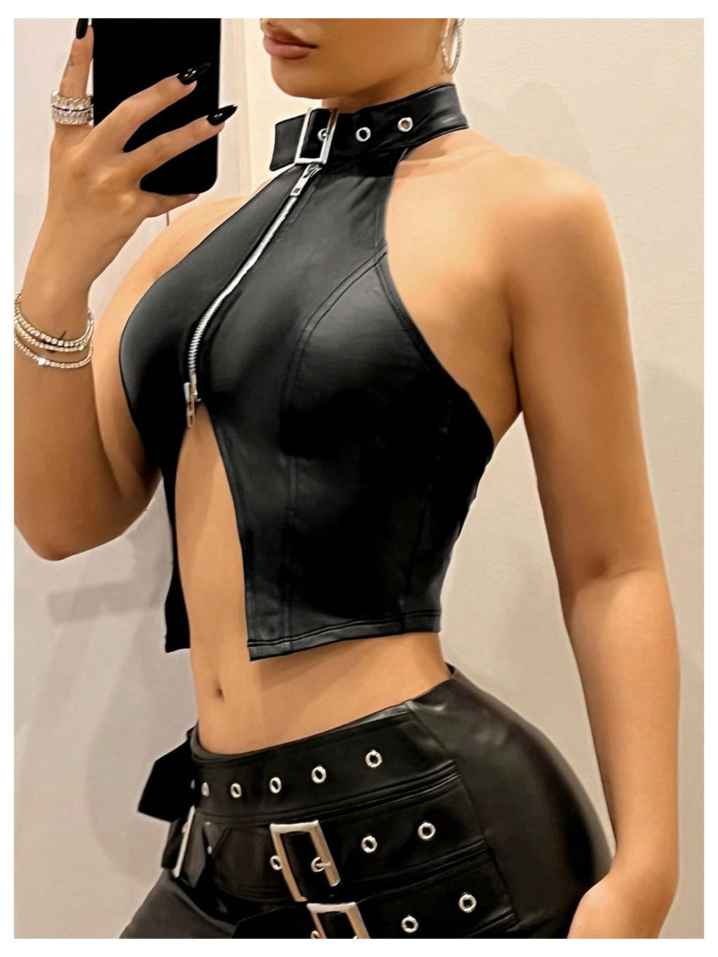 OYOANGLE Women's Leather Asymmetrical Halter Top | Y2k Backless Buckle Zipper Front Crop Tank Tops, Party, Rave Concert, Clubwear