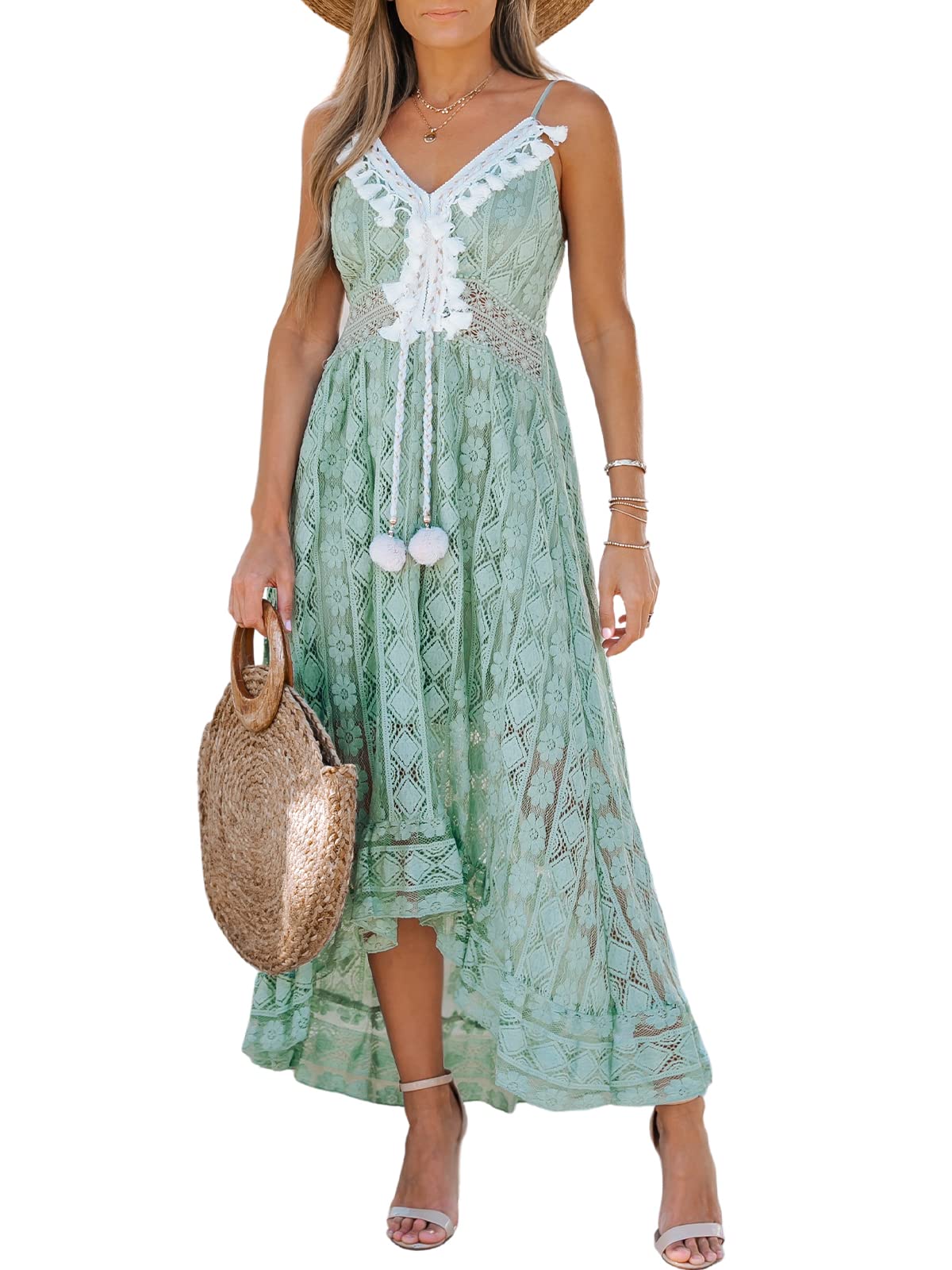 CUPSHE Womens Lace Summer Maxi Dresses 2026 Beach Wear | V Neck Spaghetti Straps Sundress, Tassel, Boho Pom Poms, Flowy Vacation Outfits, Resort Wear, Graduation Wedding Guest Looks