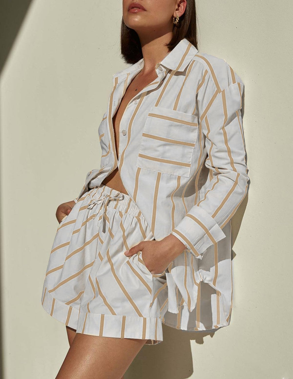 Women's Striped 2 Piece Outfits Casual Oversized Button Down Shirts and Short Lounge Pajamas Set