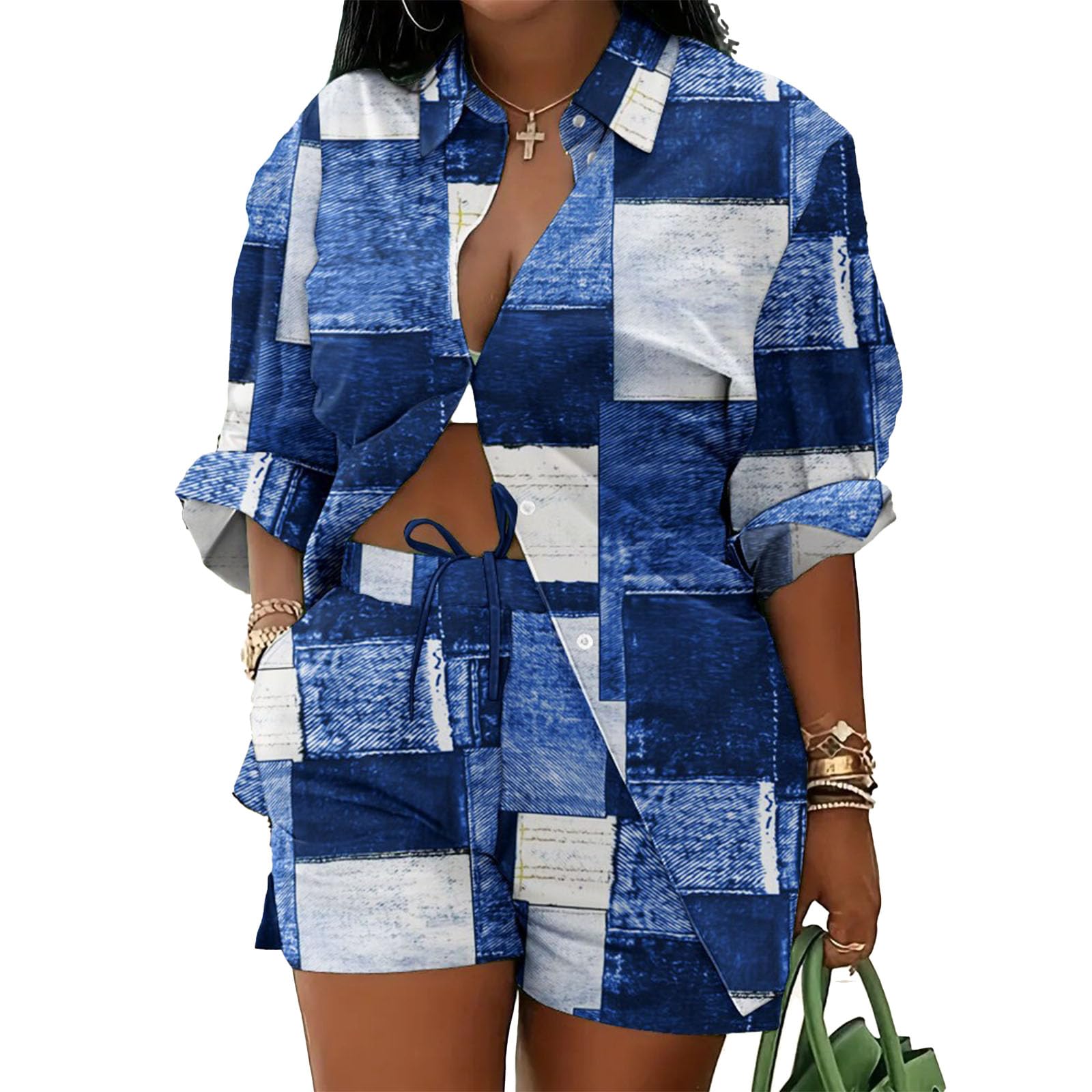 Mandonce 2 Piece Outfits for Women Long Sleeve Printed Shirt and Elastic Lace-Up Shorts with Pockets Beach Vacation Clothes