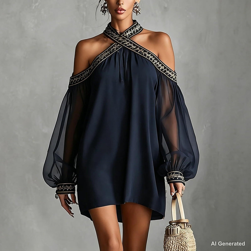 Women's Vintage Boho Chiffon Dress Navy Blue Baroque Print High Neck Irregular Lantern Sleeve Dress Casual Party Vacation