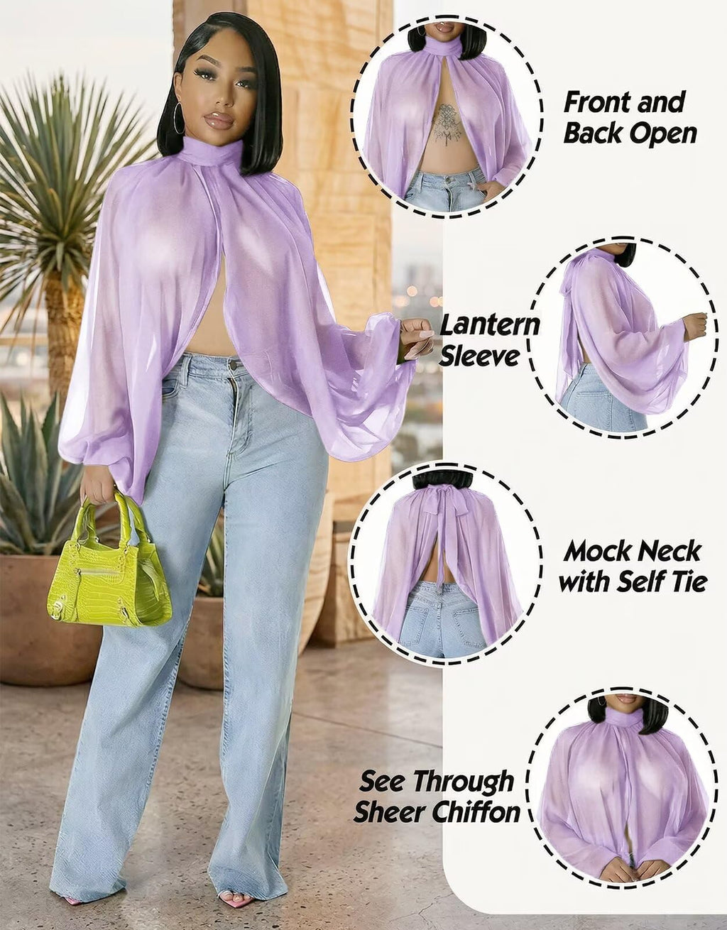 acelyn Women's Sexy See Through Chiffon Sheer Blouses Tops | Lantern Sleeve, Front Back Open, High Neck, Self Tie, Shawl Casual Shirts,Blouses Tops