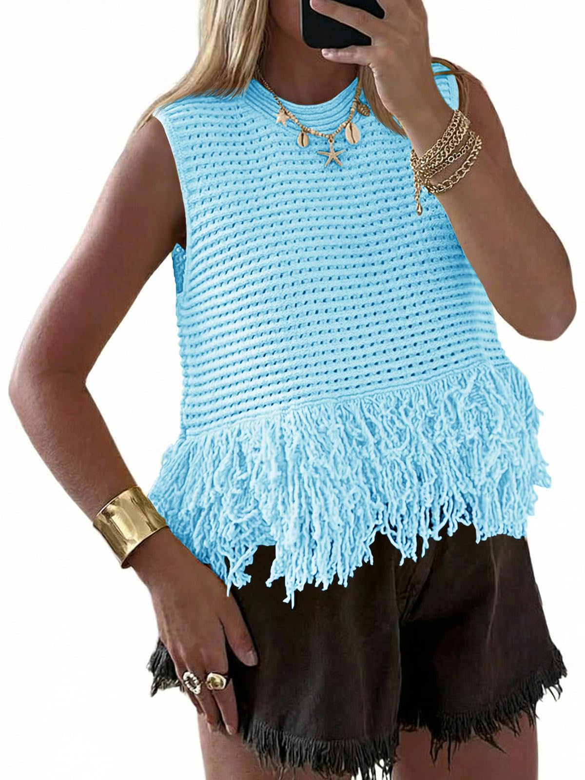 Saodimallsu Womens Crochet Crop Tank Tops Fringe Boho Summer Sweater Vest | Sleeveless,Crew Neck,Soft Knit,Summer Going Out Top,Resort Wear,Beach Vacation Outfits,Spring Fashion