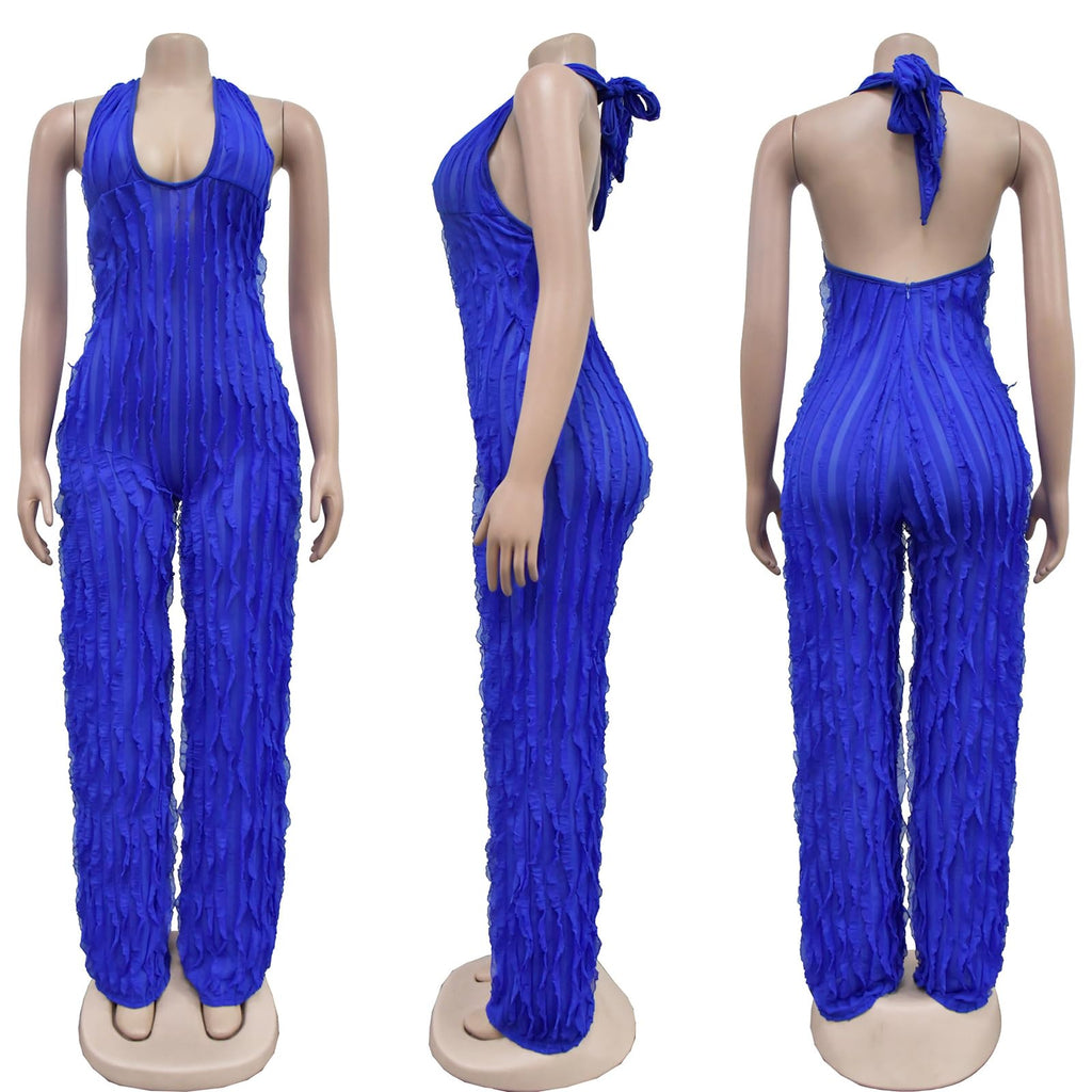 YBSKG Summer Halter Backless Jumpsuits for Women One Piece Wide Long Pants | Sexy See Through V Neck Tie Pleated One Piece Wide Leg Long Pants Romper