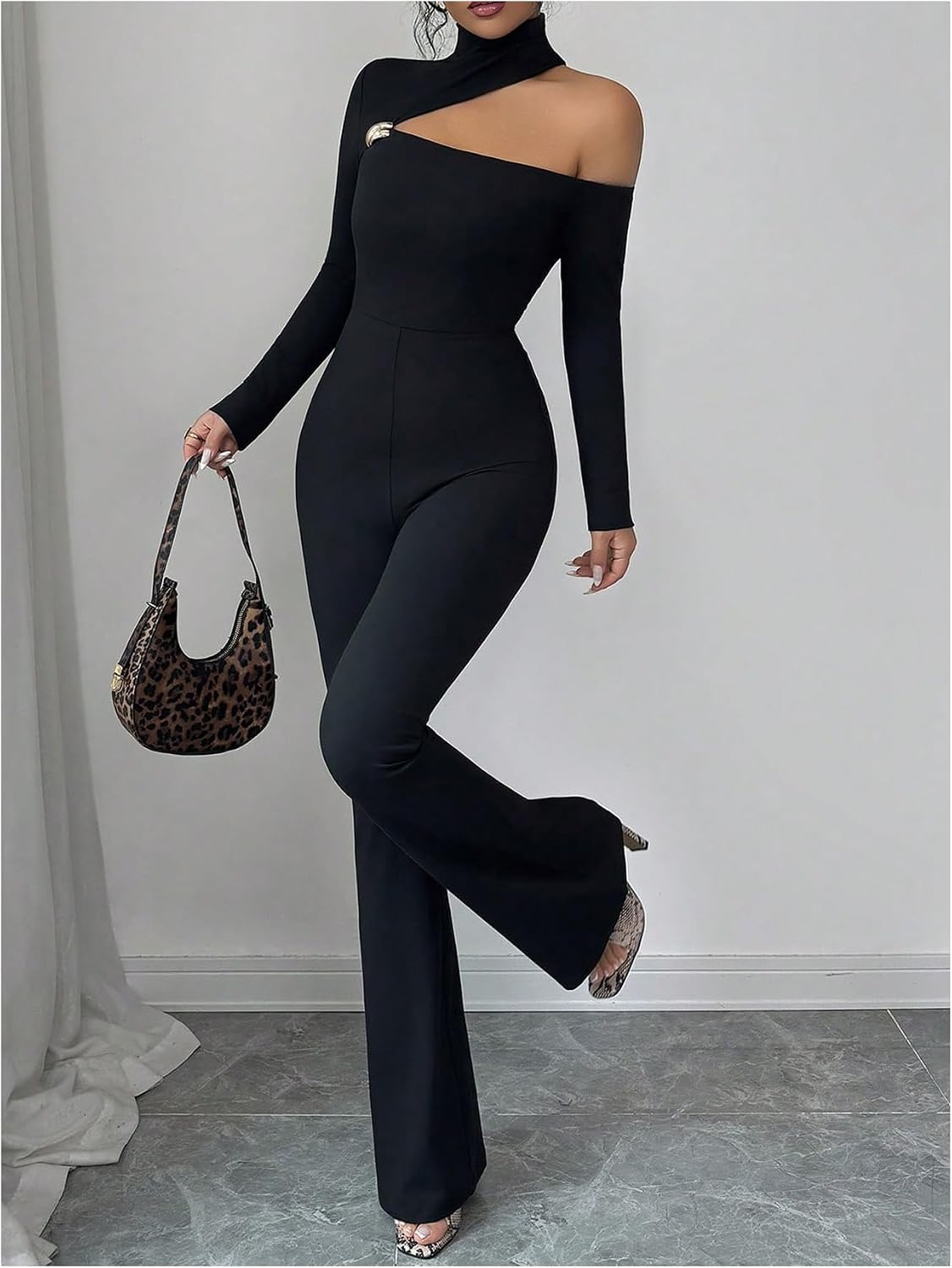 SweatyRocks Women's High Neck Long Sleeve Jumpsuit Elegant Cut Out Fitted Jumpsuit Office Outfits