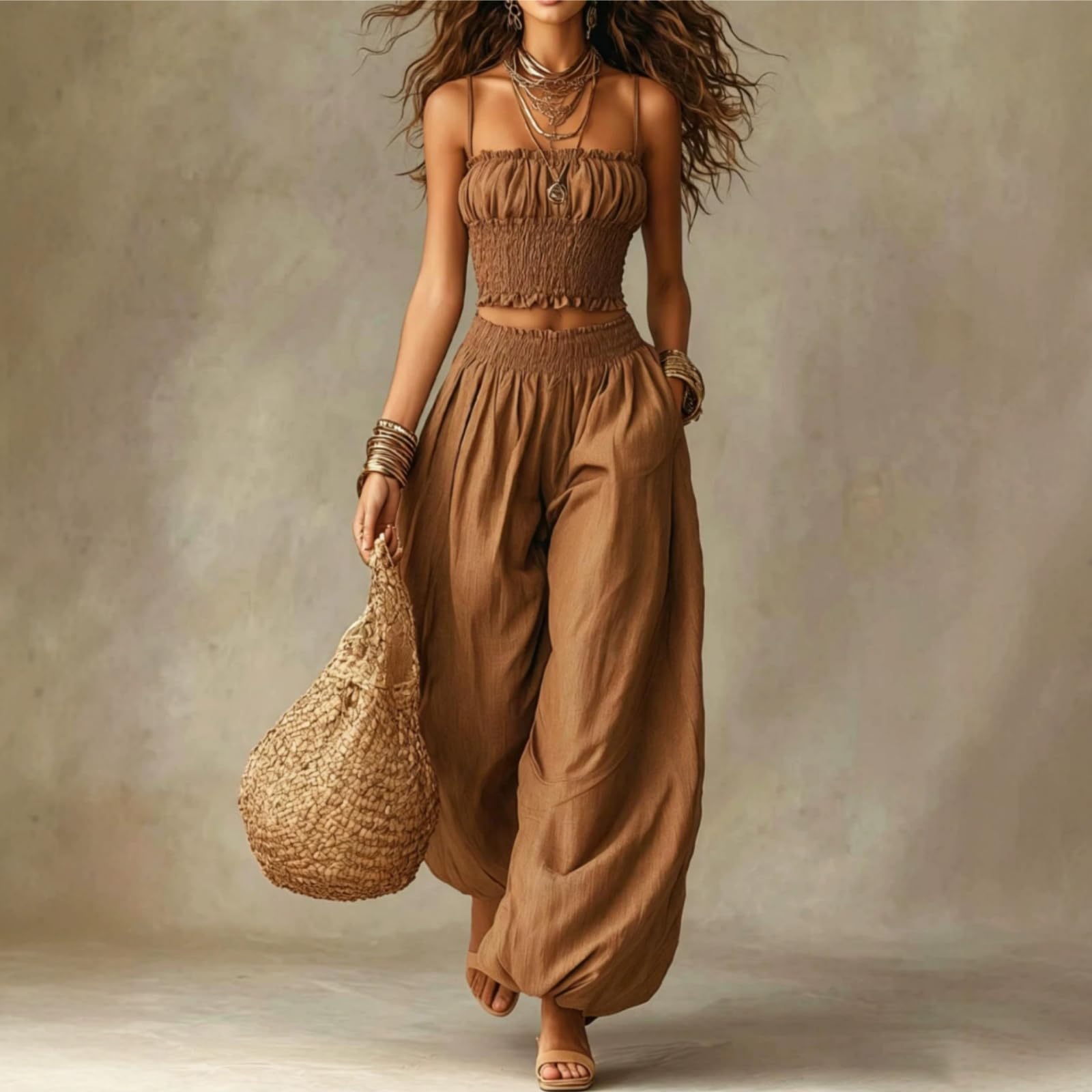 2 Piece Outfit for Women Sleeveless Crop Top and Wide Leg Pants Set Summer Loose Smocked Casual Beach Matching Sets