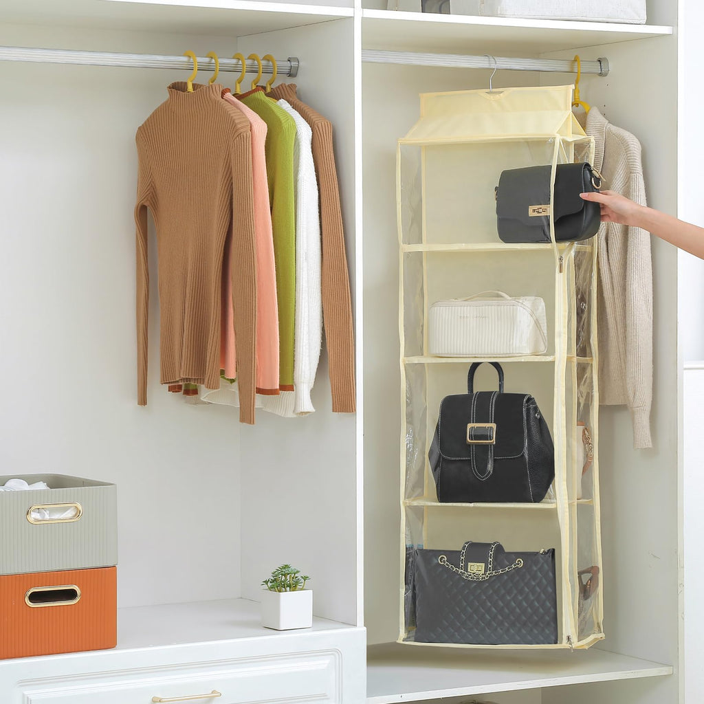 8 Grids in 1 Rotatable Hanging Purse Handbag Organizer with Double Zippers, Visible Purse Organizer for Closet, Fully Enclosed Handbag Storage Holder
