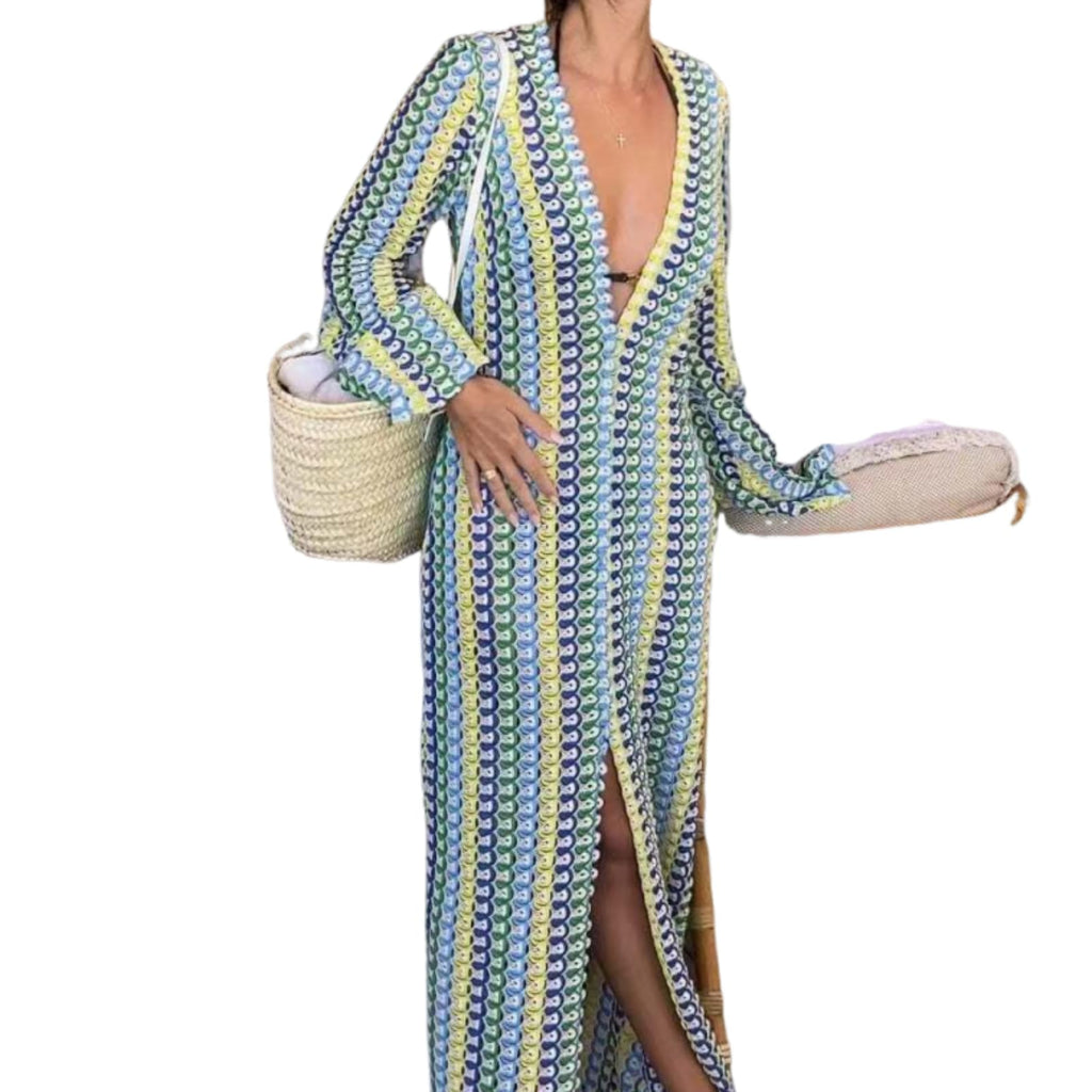 Womens Crochet Colorful Bell Long Sleeve V Neck Loose Maxi Dress Sexy Boho Eyelet Long Sundresses with Slit