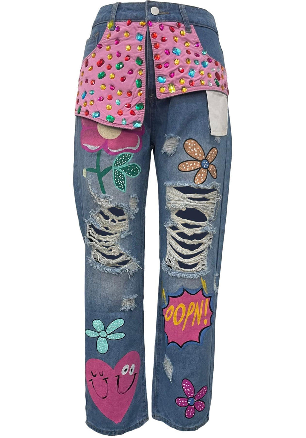 Women's Barrel Jeans Wide Leg High Waist Rhinestone Floral Horseshoe Ripped Baggy Cropped Jeans Denim Pants