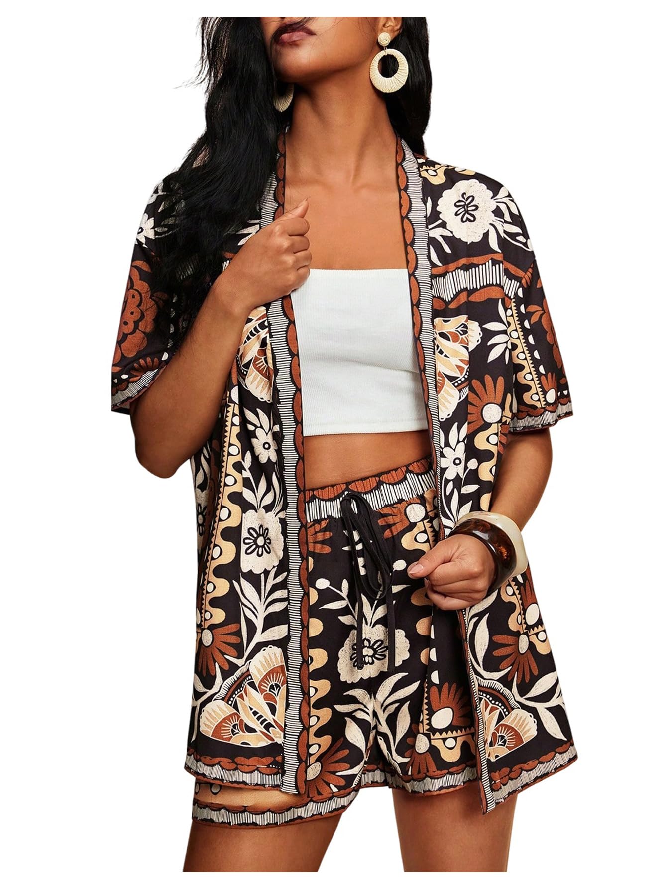 MakeMeChic Women's Two Piece Sets Summer Tropical Vacation Outfits Boho Floral Kimono Tops Shorts Set