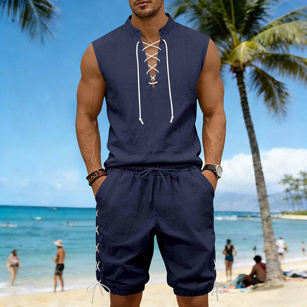 Cambkatl 2 Piece Outfits for Men Lightweight Linen Shorts Set Laceup V Neck Sleeveless Tank Top Matching Sets with Pockets