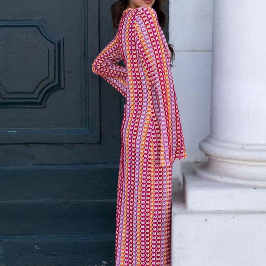 Womens Crochet Colorful Bell Long Sleeve V Neck Loose Maxi Dress Sexy Boho Eyelet Long Sundresses with Slit
