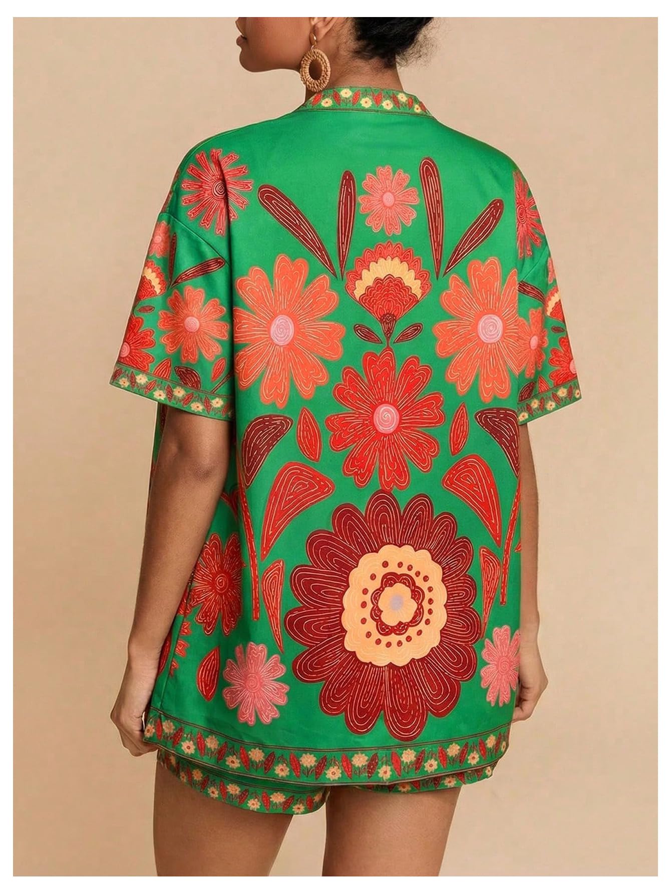 MakeMeChic Women's Two Piece Sets Summer Tropical Vacation Outfits Boho Floral Kimono Tops Shorts Set