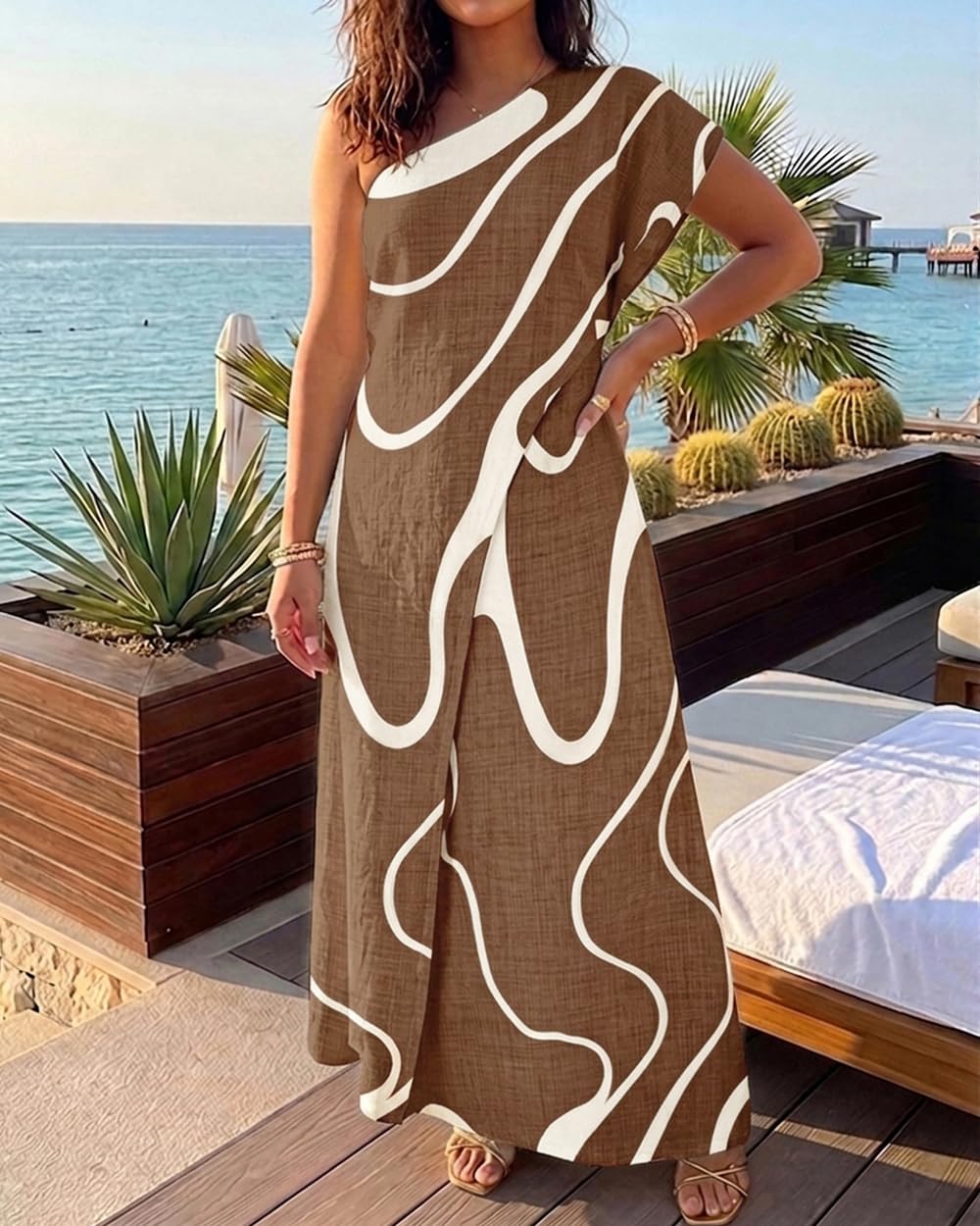 CHICME Maxi Dresses for Women Abstract Print Summer Dress | Womens Summer Dresses, One Shoulder Boho Dress with Pockets, Faux 2 Piece Casual Dresses, Vacation, Beach Dress Wedding Guest