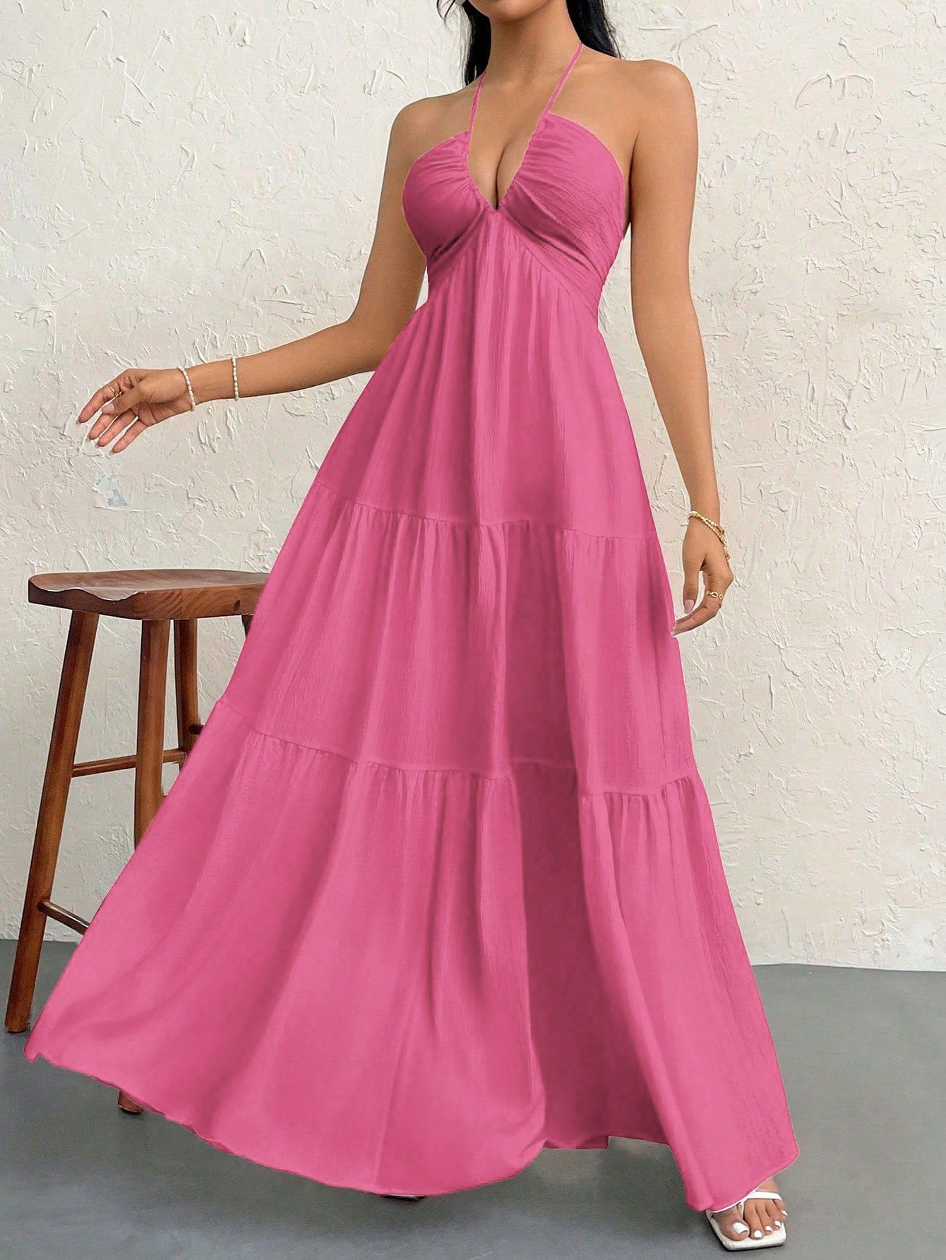 Narecte Women's Maxi Summer Dresses Halter V Neck Beach Dresses for Women A-Line Casual Dress for Vacation