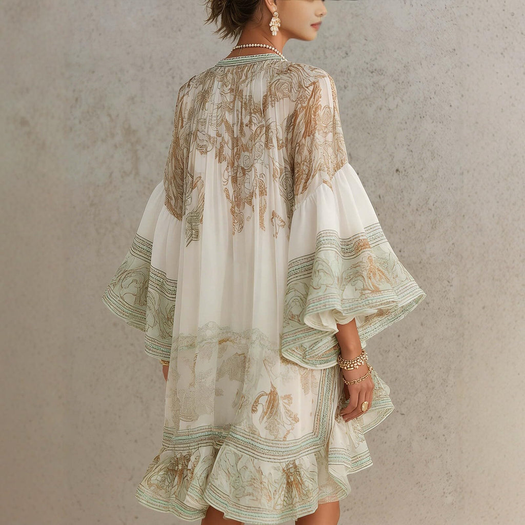 Women's Vintage Floral Print High Low Midi Dress, Crew Neck Long Sleeve Ruffle Hem Flowy Chiffon Boho Vacation Dress