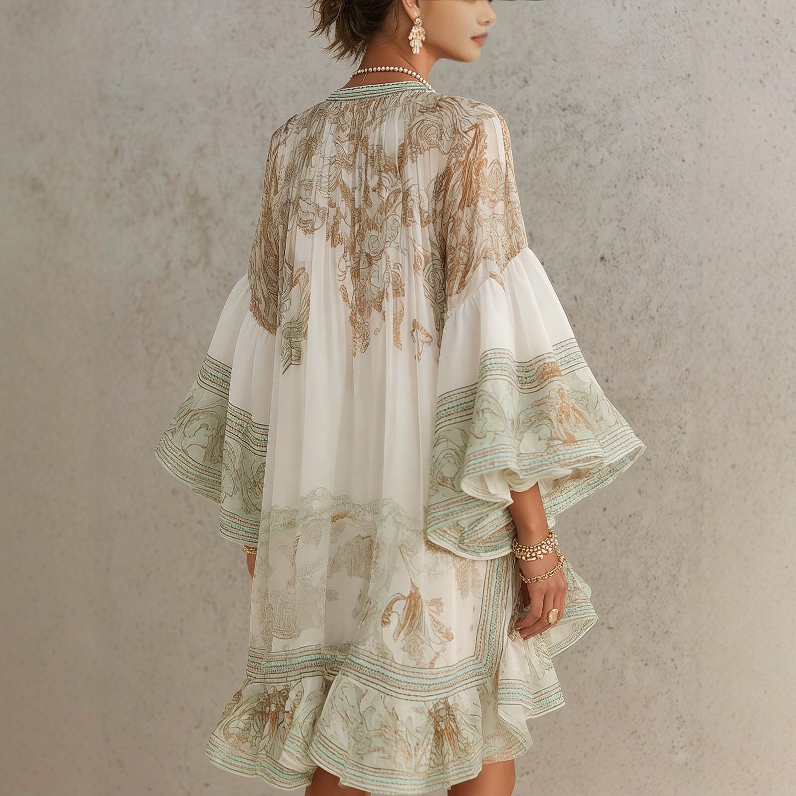 Women's Vintage Floral Print High Low Midi Dress, Crew Neck Long Sleeve Ruffle Hem Flowy Chiffon Boho Vacation Dress