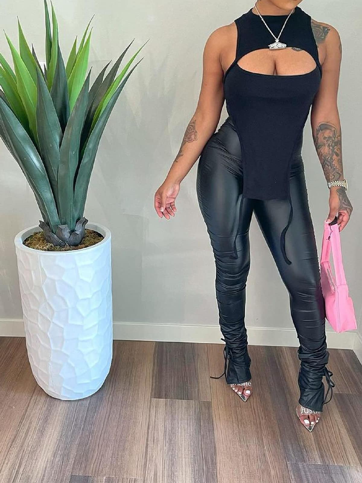 Women's Faux Leather Leggings Pants High Waisted Leather Tight Stacked Pants with Splits