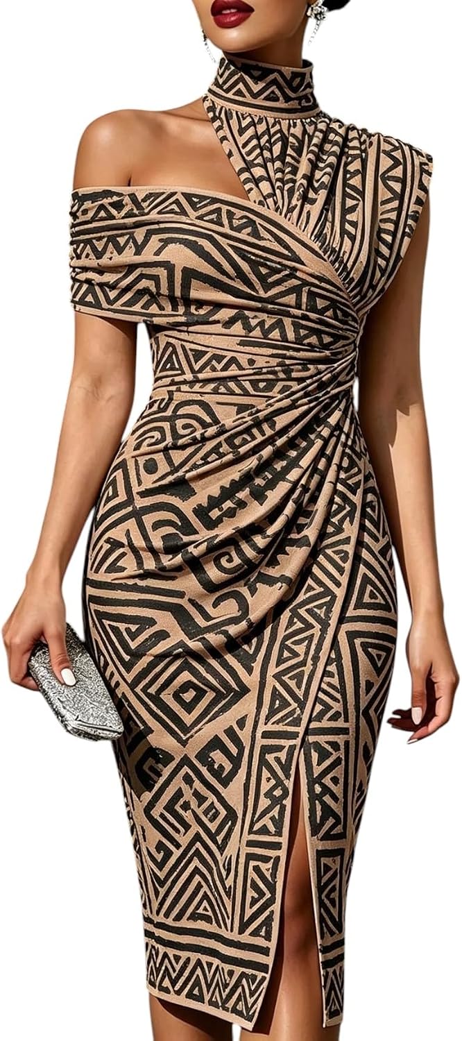 Women's One Shoulder Bodycon Midi Dress Geometric Pattern Print High Neck Slit Ruched Reunion and Vacation Casual Wear Dress