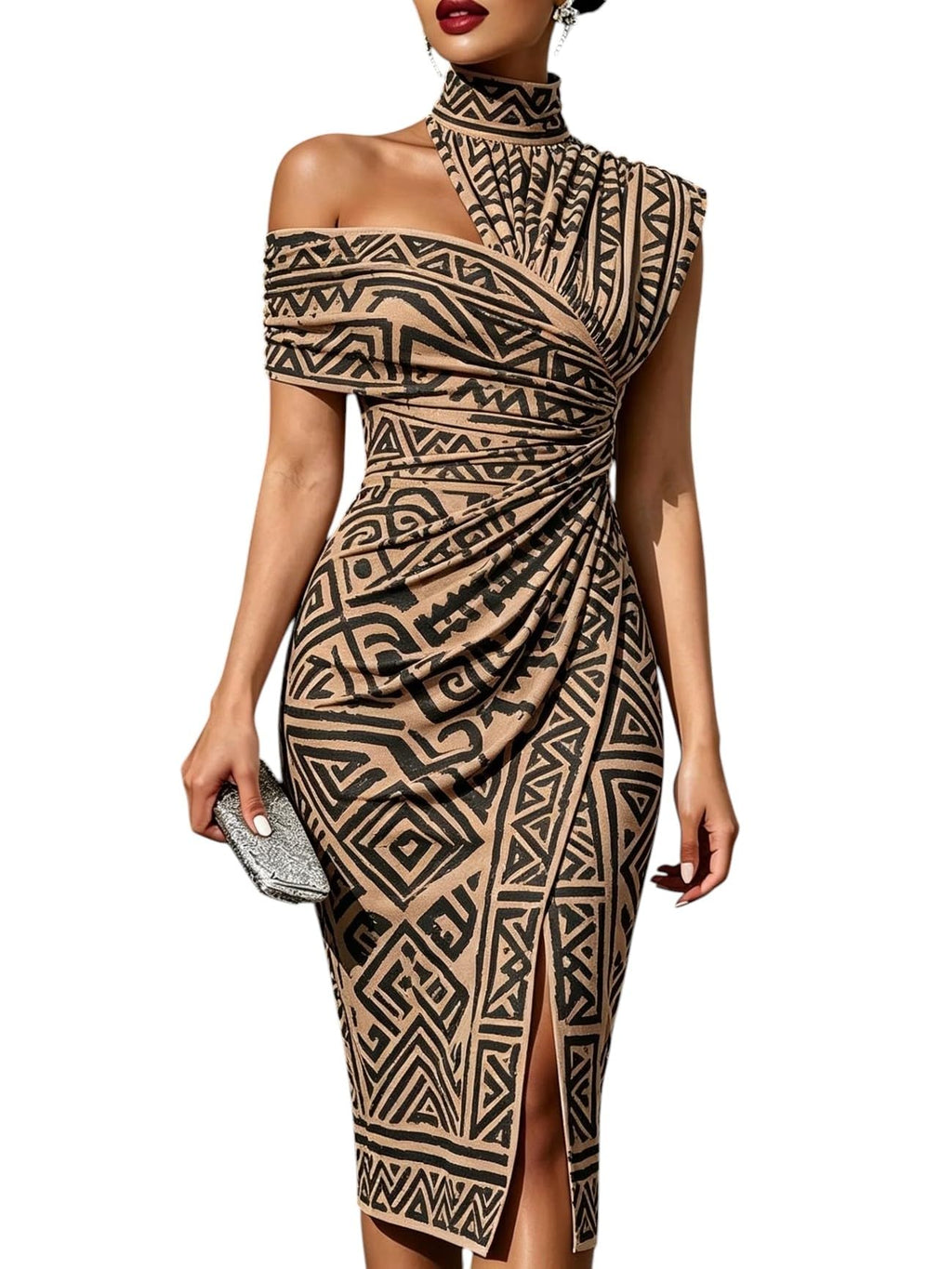 Women's One Shoulder Bodycon Midi Dress Geometric Pattern Print High Neck Slit Ruched Reunion and Vacation Casual Wear Dress