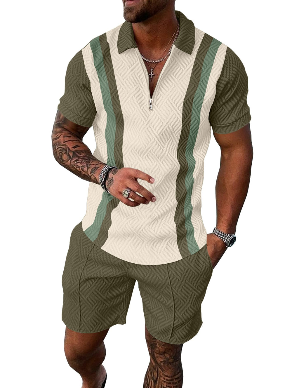 Mens Summer Track Suits 2 Piece Shorts Sets Short Sleeve Sweatsuit Outfits 1/4 Zip Golf Polo Splicing Striped Shirts