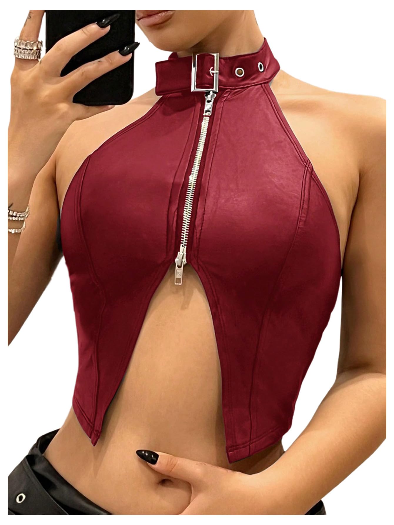 OYOANGLE Women's Leather Asymmetrical Halter Top | Y2k Backless Buckle Zipper Front Crop Tank Tops, Party, Rave Concert, Clubwear