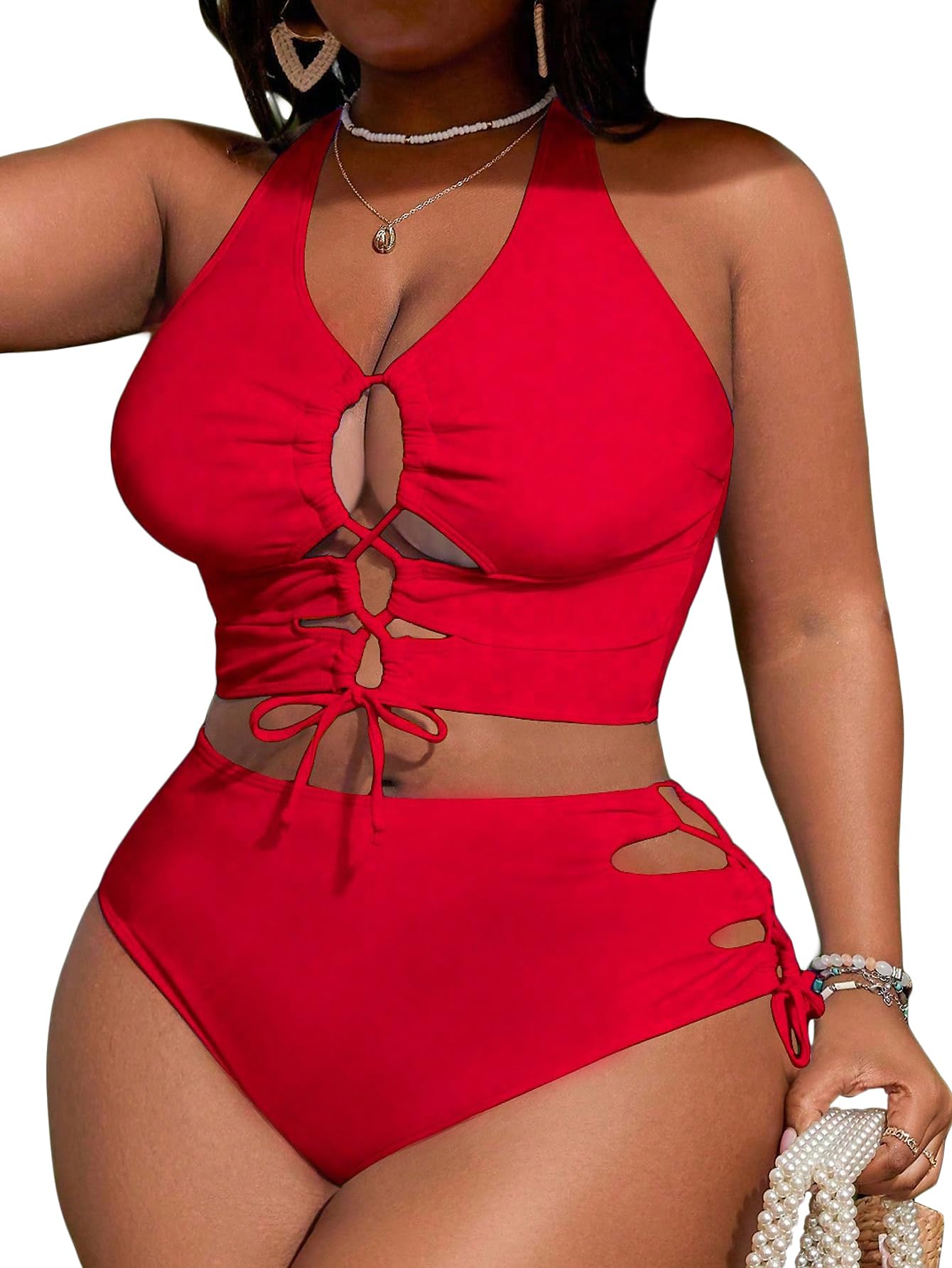 SOLY HUX Womens Plus Size Two Piece Bathing Suit Bikini Swimsuit | Tummy Control, High Waisted Bikini Sets, Adjustable Tie String, Sexy