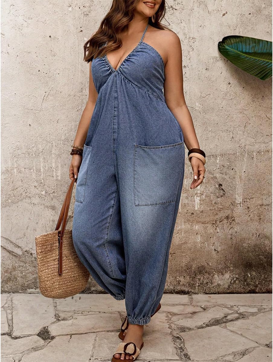 Women's Halter Tie Backless Sleeveless V Neck Baggy Jogger Denim Jumpsuit Casual One Piece Pant Outfit