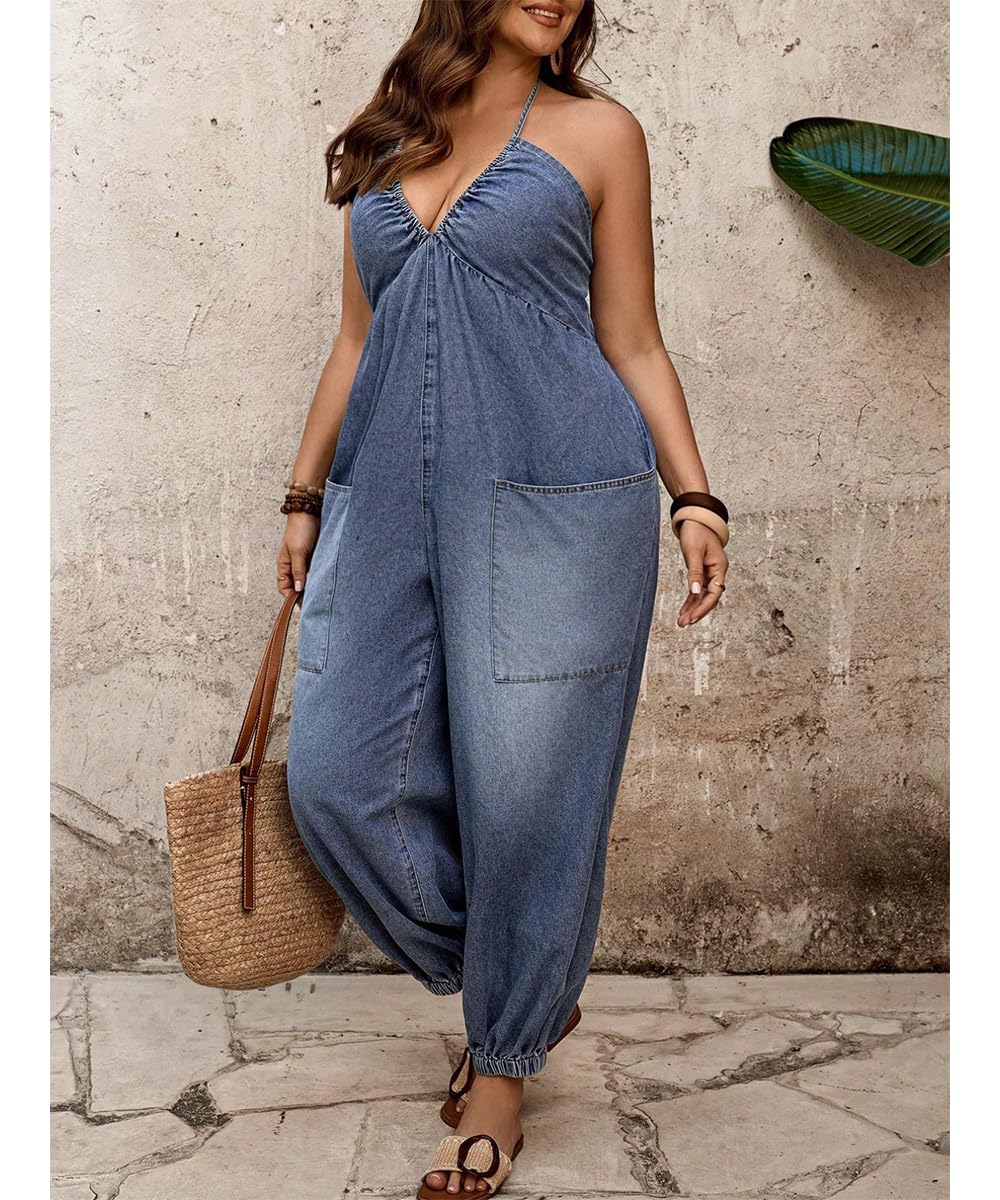 Women's Halter Tie Backless Sleeveless V Neck Baggy Jogger Denim Jumpsuit Casual One Piece Pant Outfit