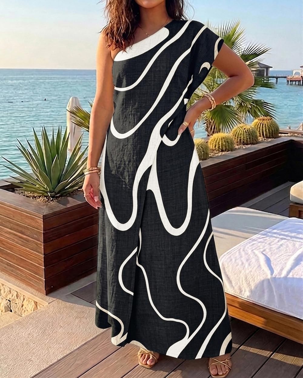 CHICME Maxi Dresses for Women Abstract Print Summer Dress | Womens Summer Dresses, One Shoulder Boho Dress with Pockets, Faux 2 Piece Casual Dresses, Vacation, Beach Dress Wedding Guest