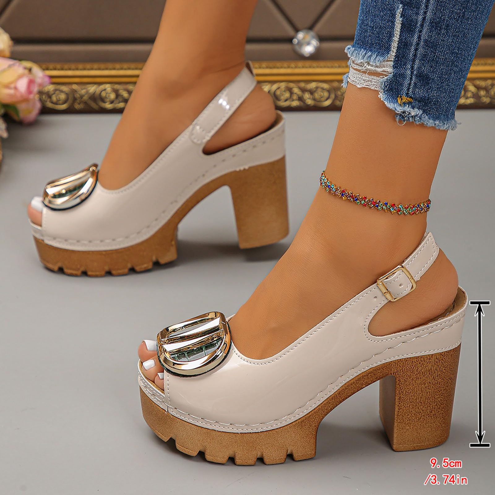 Women's Peep Toe Sandals Chunky Platform Heeled Pumps Slingback Heels Summer Dress Shoes Bridal Party Wedding Block High Heels Buckle Ankle Strap Sandals Dressy Comfortable Footwear
