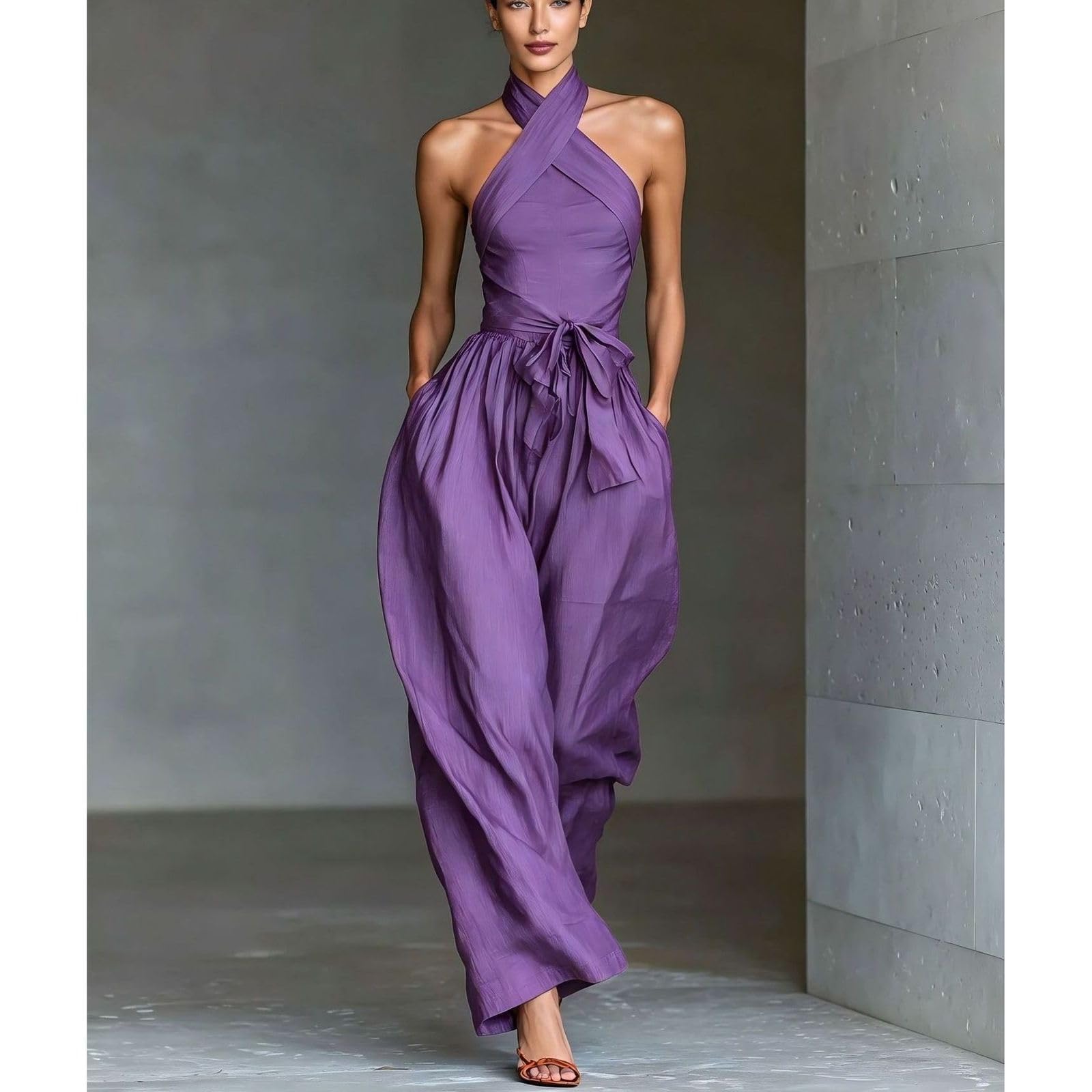 Backless Rompers for Women Casual Ink Printed Sleeveless High Waist Wide Leg Jumpsuit Sexy Halter Boho Vacation Party Outfits