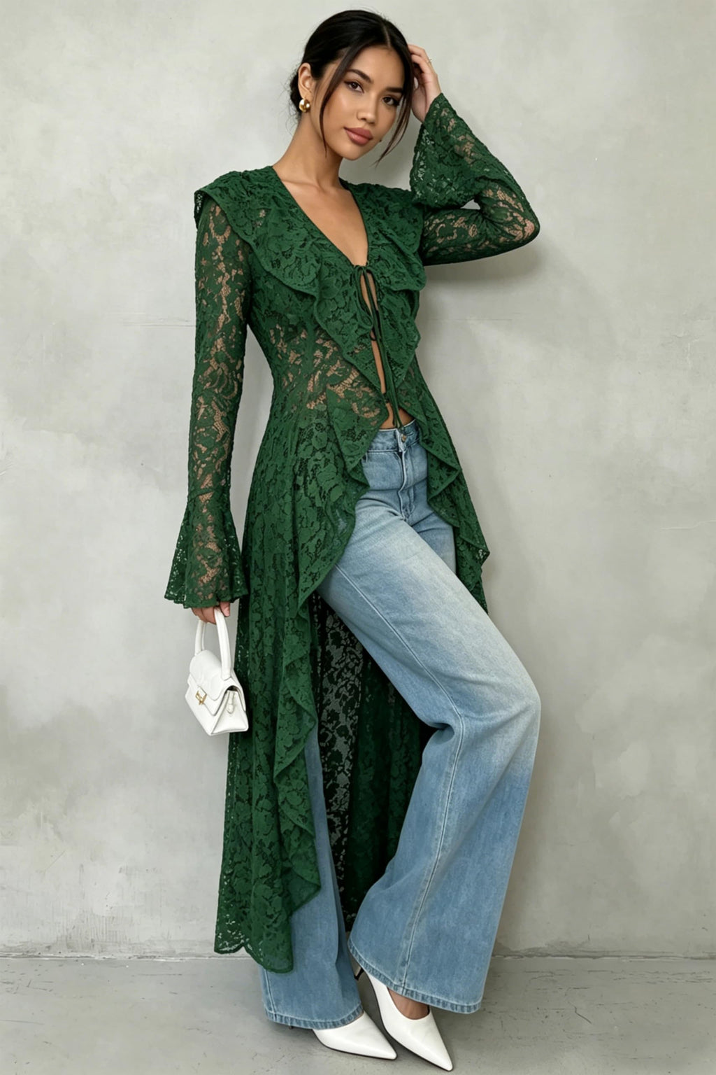 Lace Cardigan for Women Maxi Summer Lightweight Open Front Tie Bell Long Sleeve Ruffled Tops Duster Swimsuit Cover Up