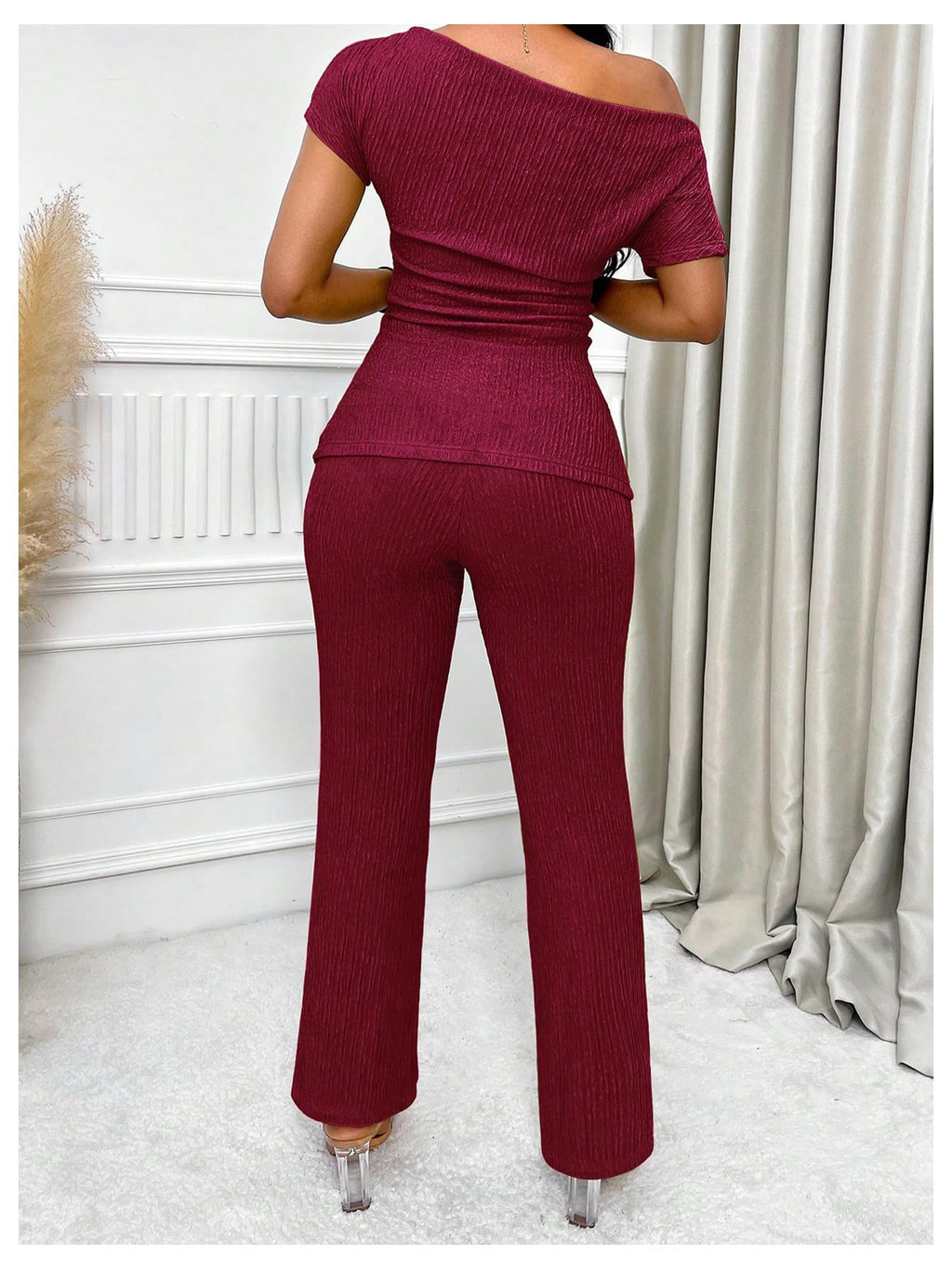 SOLY HUX Women's 2 Piece Outfit Short Sleeve Ruched T Shirt and Pants Set | Asymmetrical Neck, Going Out Set, Dressy, Summer Set