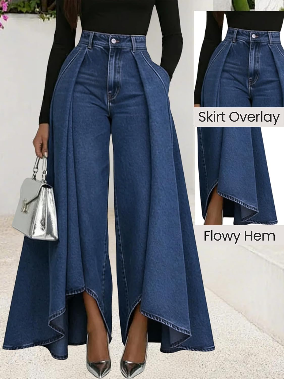 Women's Flowy Jeans with Skirt Overlay Baggy High Waisted Wide Leg Denim Pants Pleated Jeans Streetwear