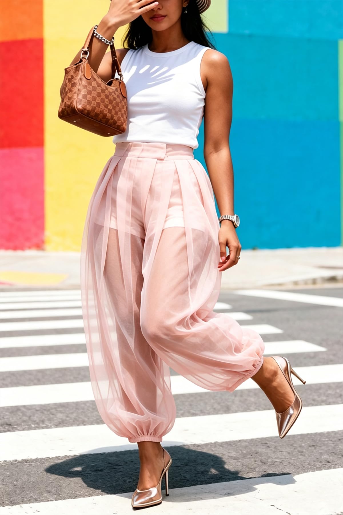 Molisry Women Sheer Mesh Pants Bubble Tulle Patchwork Pants Balloon Trouser | Loose Fit Cover Up Trousers,Built In Shorts Lining