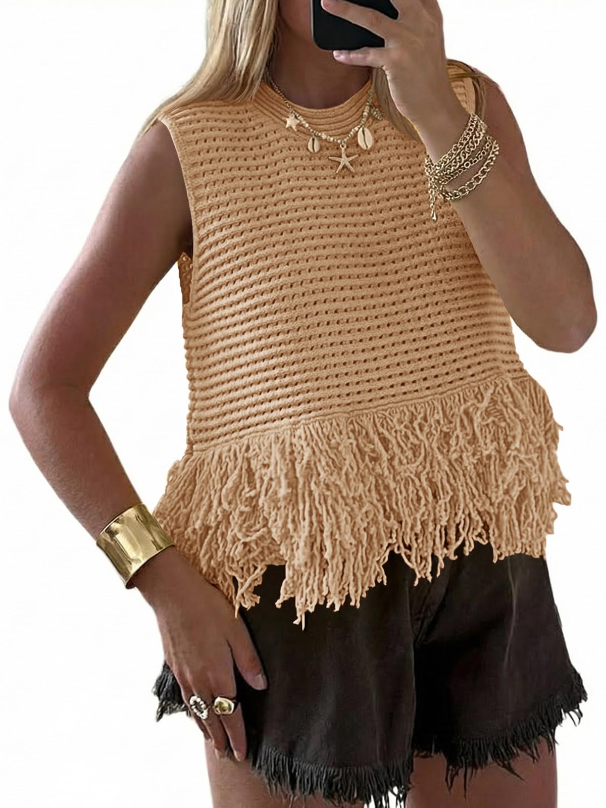 Saodimallsu Womens Crochet Crop Tank Tops Fringe Boho Summer Sweater Vest | Sleeveless,Crew Neck,Soft Knit,Summer Going Out Top,Resort Wear,Beach Vacation Outfits,Spring Fashion