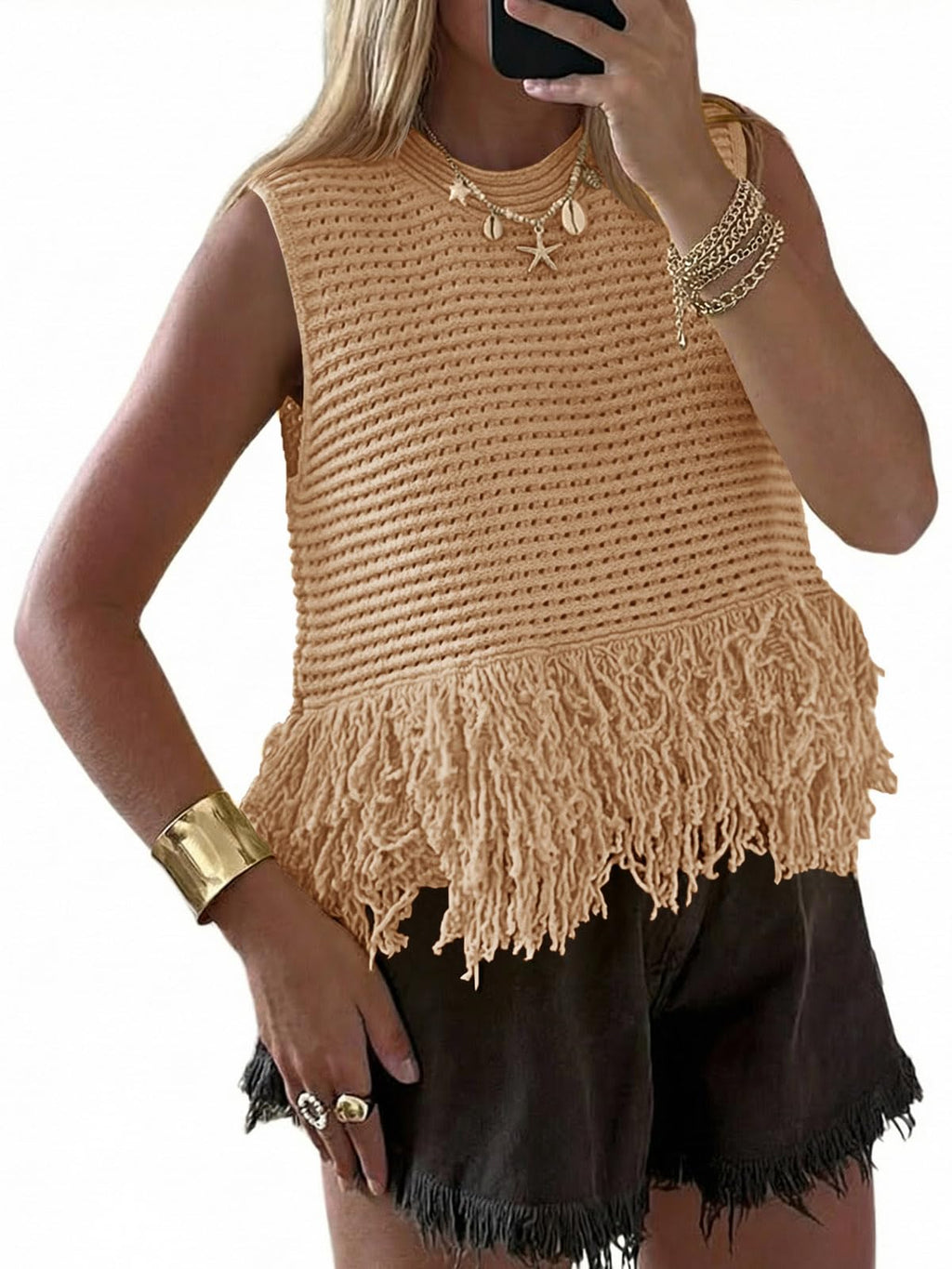 Saodimallsu Womens Crochet Crop Tank Tops Fringe Boho Summer Sweater Vest | Sleeveless,Crew Neck,Soft Knit,Summer Going Out Top,Resort Wear,Beach Vacation Outfits,Spring Fashion