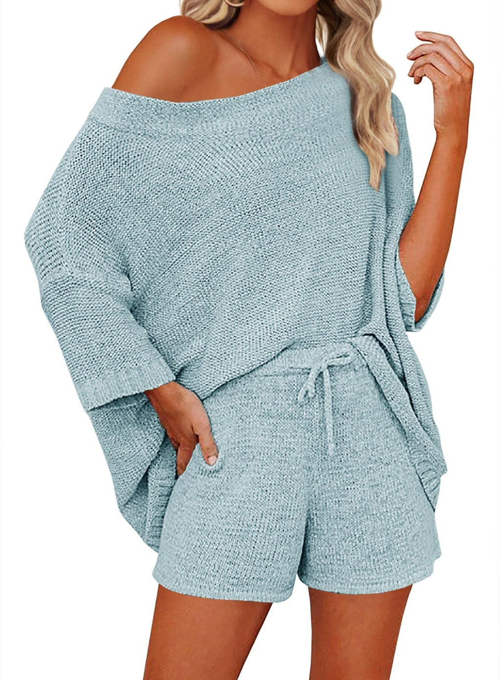 Mafulus Women's 2 Piece Outfits Sweater Sets Off Shoulder Knit Top Shorts Matching Suits Cute Pajama Lounge Set