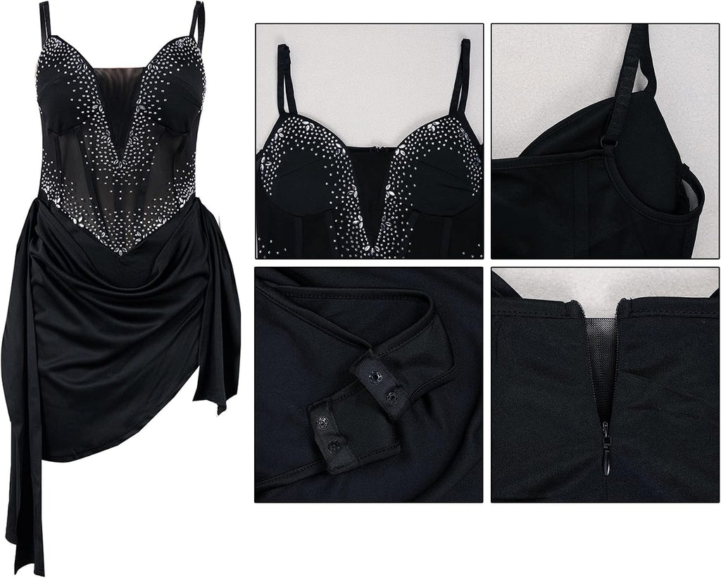 Geulis Women Rhinestone Mini Birthday Dresses Mesh Bodysuit Bodycon Dress | Sexy Sheer Bustier Corset, Asymmetrical Draped Skirt, Sparkly Clubwear for Birthday, Prom, Cocktail and Night Out